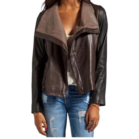 VINCE Lamb Leather Colorblock Moto Jacket - Picture 2 of 12